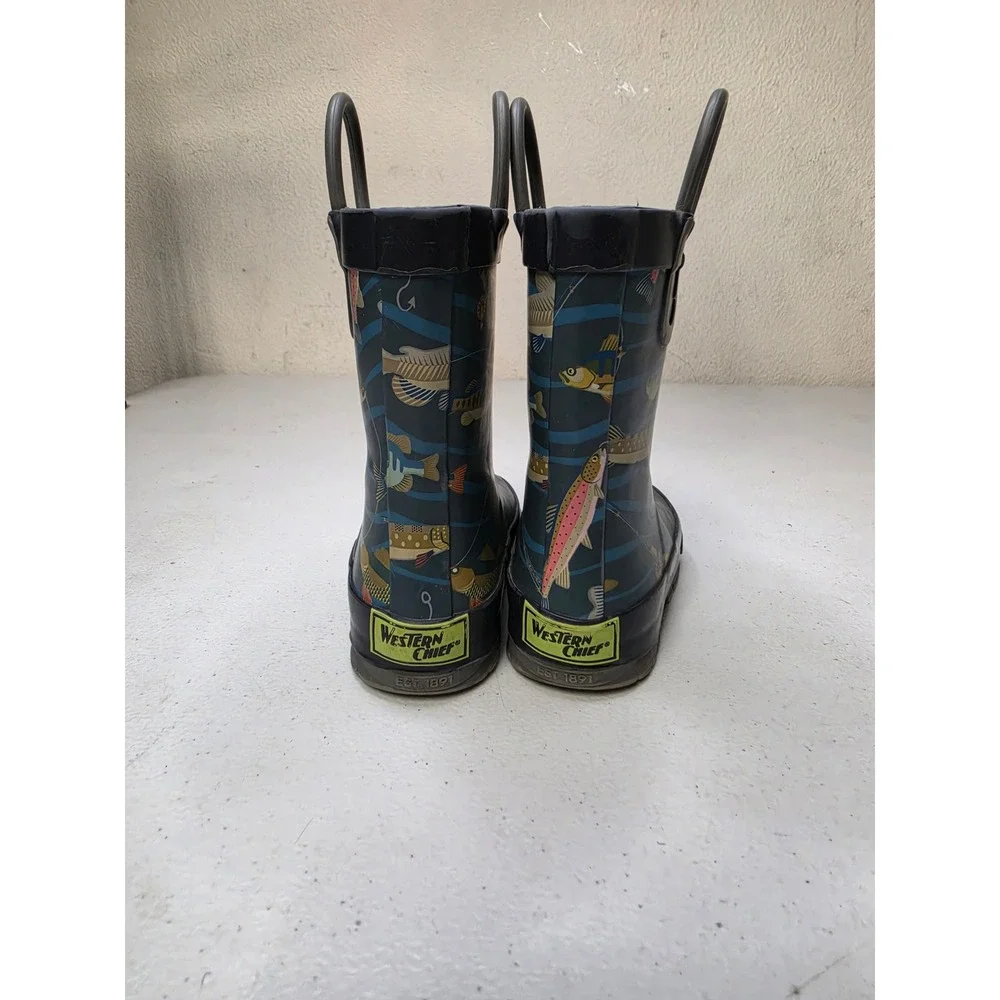 Western Chief Toddler Boys Fishing Print Rain Boots Navy Blue Size 7 Waterproof